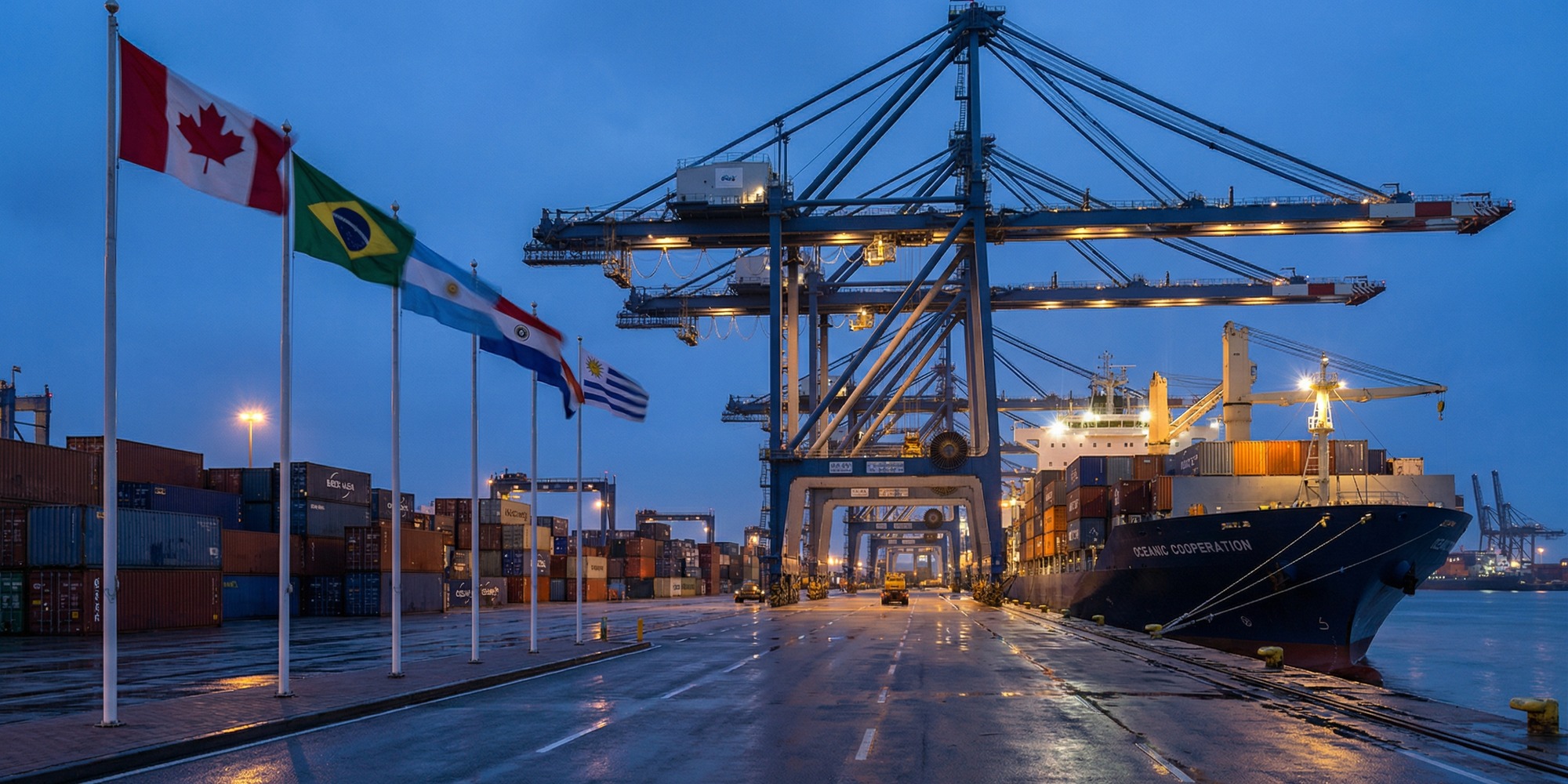 Container terminal at dusk with cargo cranes and stacked shipping containers representing Canada-Mercosur trade talks