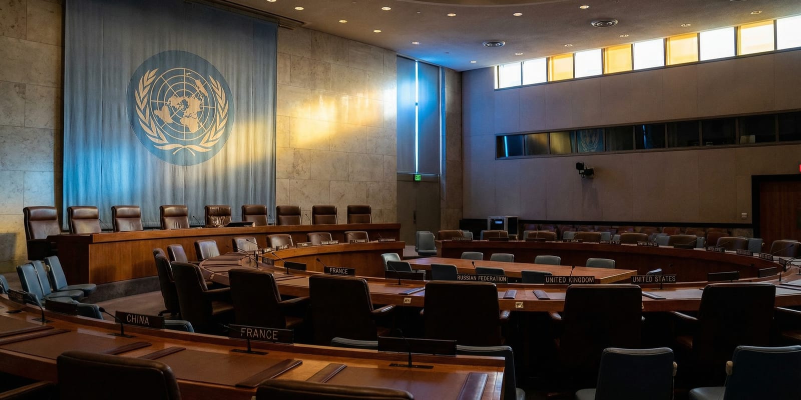 UN Security Council chamber with empty delegation seats